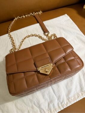 Michael Kors Quilted Shoulder Bag in Cognac Brown with Gold Hardware